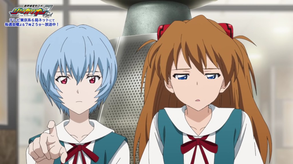 Rei from Evangelion points at something, encouraging Asuka to take a look. Both are in their school uniforms.