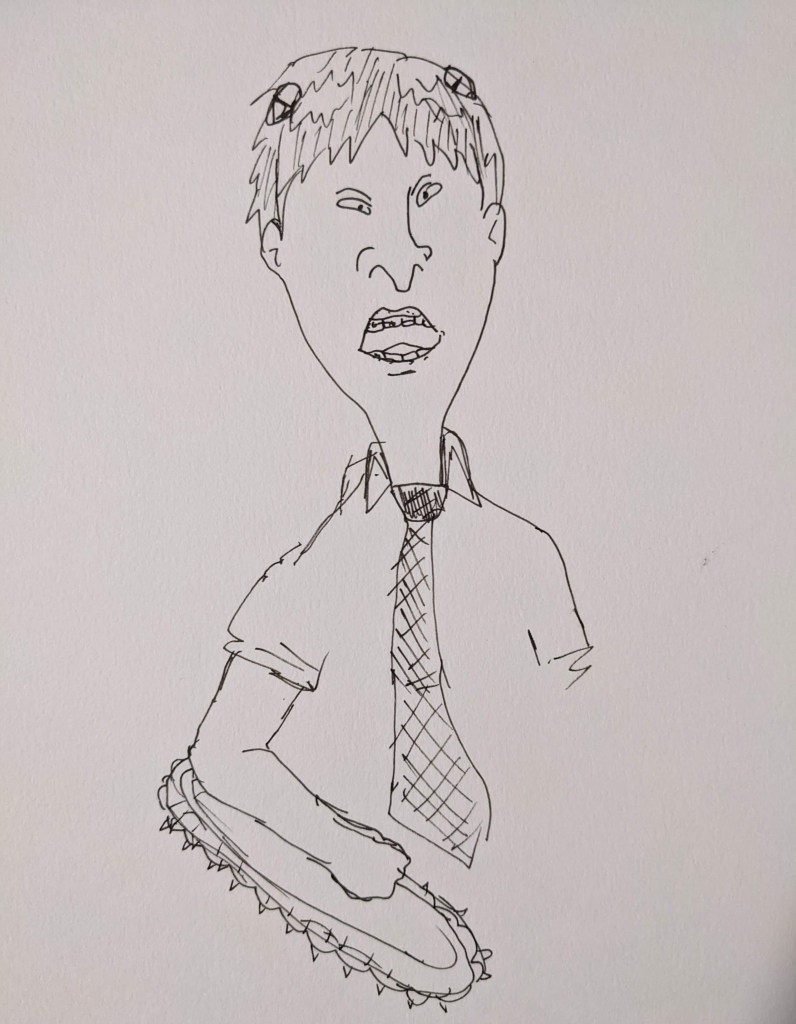 A sketch of a character that is a combination of Shinji from Evangelion, Denji from Chainsaw Man, and Butt-Head from Beavis & Butthead