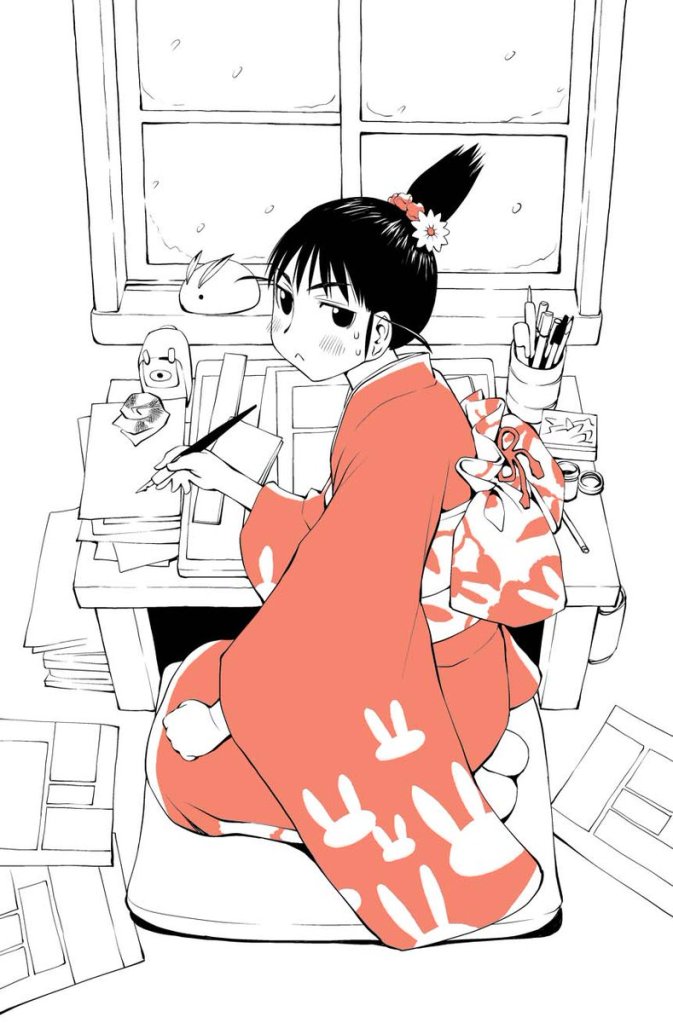Ogiue from Genshiken sitting in front of a drawing desk in a rabbit-themed kimono with blank comic pages around her.