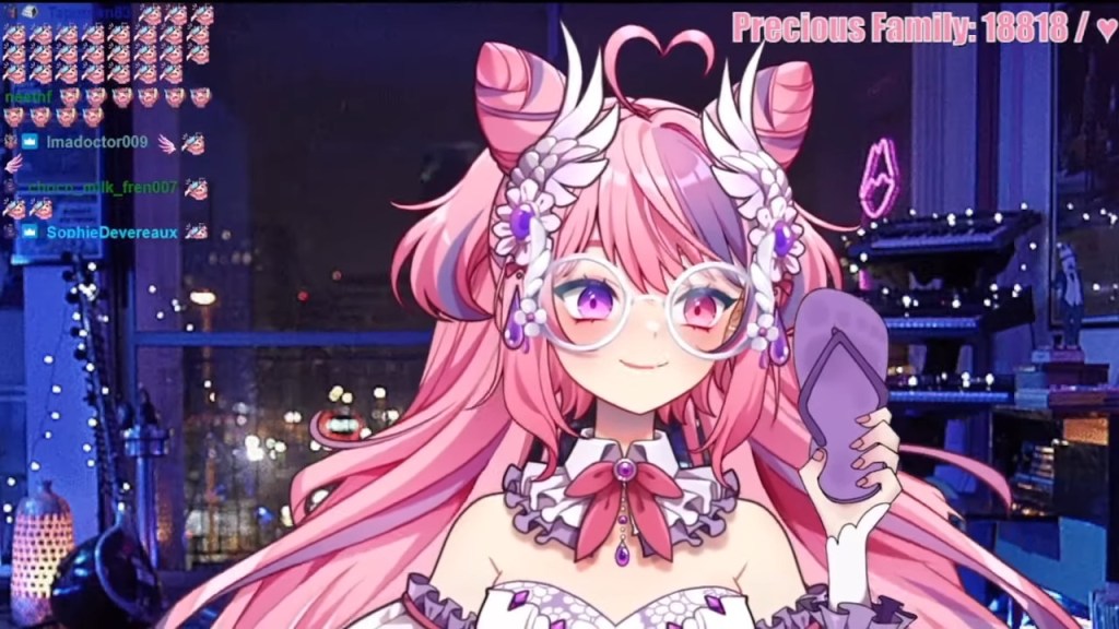 Ironmouse, a pink-haired Virtual Youtuber, holding a slipper in her left hand