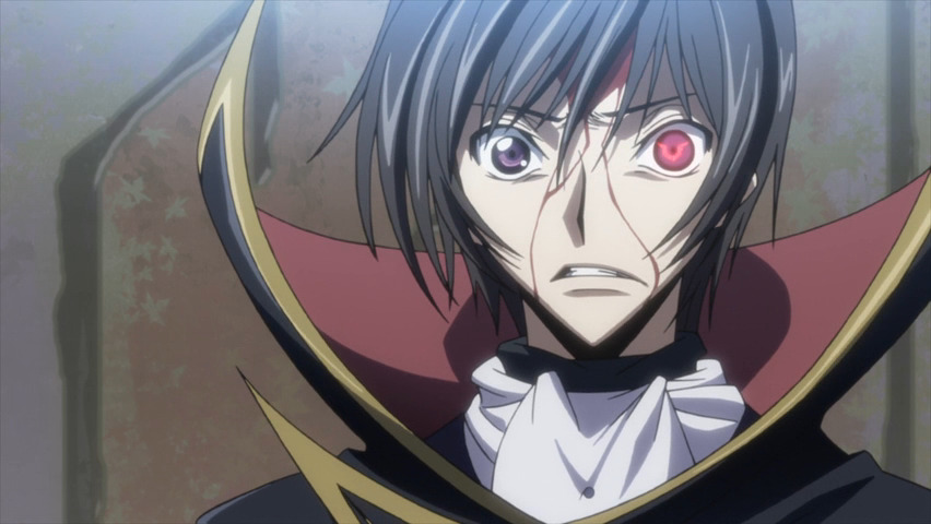 Lelouch from Code Geass, a slender and dark-haired teenager who has a single glowing eye. He's wearing a high collar cape, and blood is running down his face.
