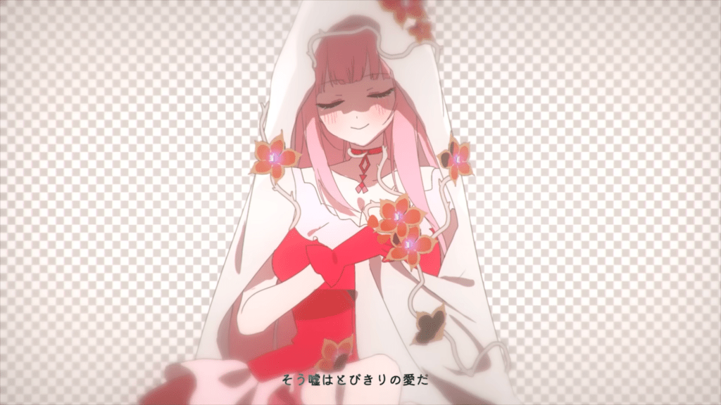 A pink-haired girl in a white dress with a hood, covered with flowers. The background is a gray and white checkerboard pattern referencing transparent backgrounds in computer images.