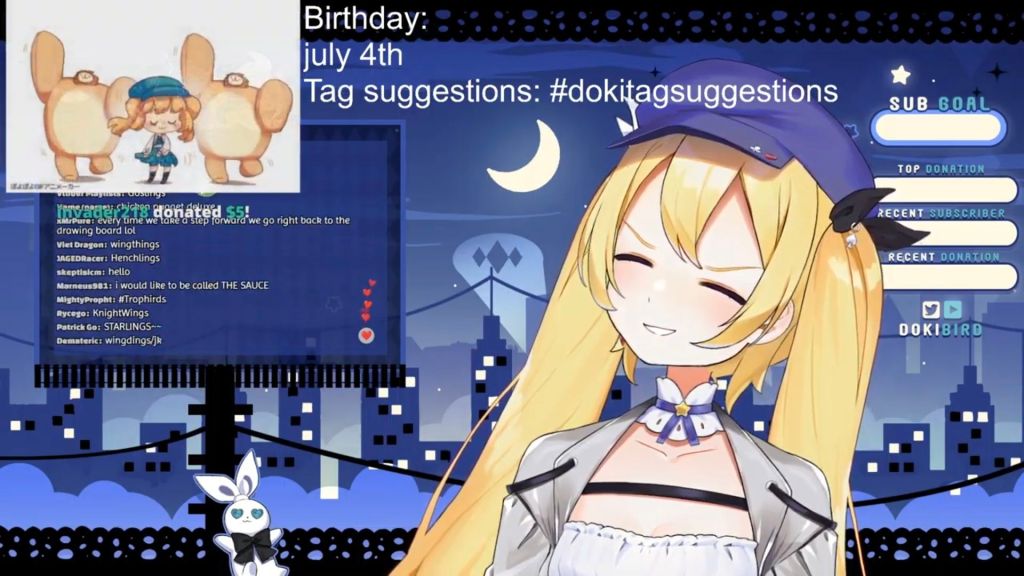 A blonde, twin-tailed VTuber named Dokibird is smiling