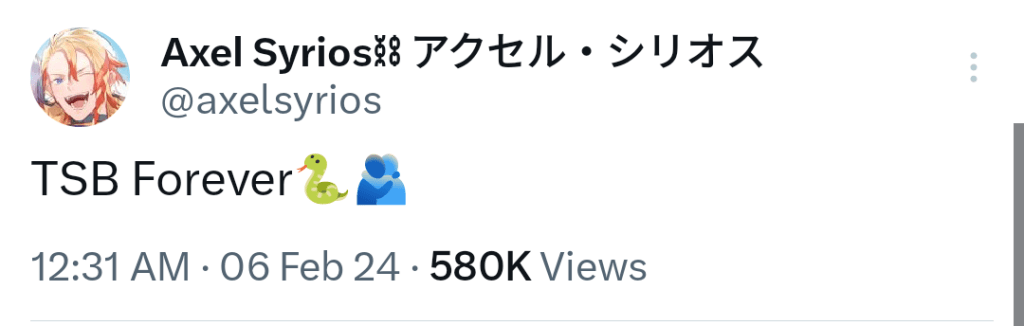 A tweet from Axel Syrios saying TSB Forever, showing a snake emoji and a hug emoji