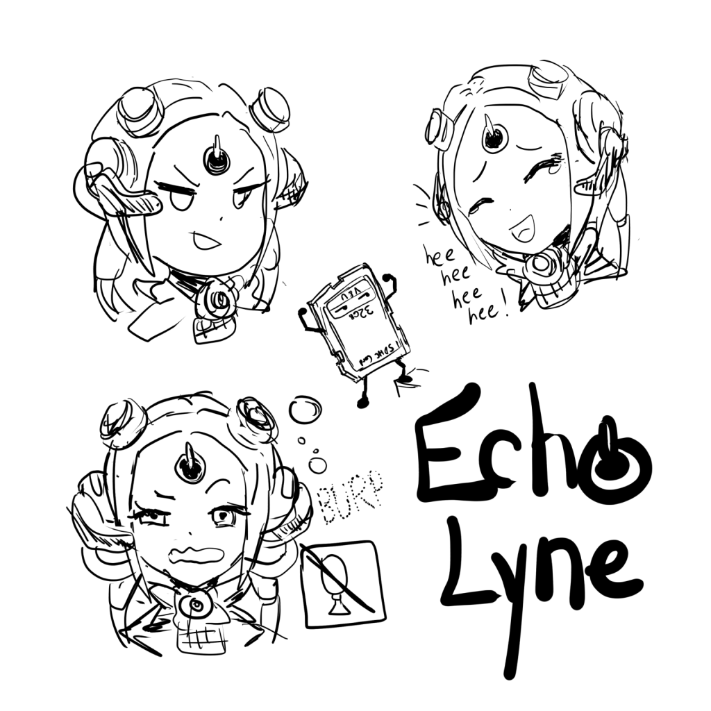 Portrait doodles of Echo Lyne, a VTuber from V&U. She is a tiny robot with a large forehead and 90s-era technology attached to her. One face is smug, another is her giggling, and another is her burping with the microphone muted. Also included is her SD Card form, which is her true form.