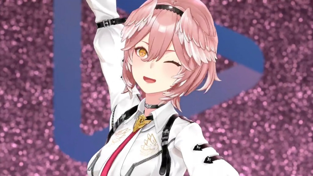 Takane Lui winking while her open eye has a targeting reticule.