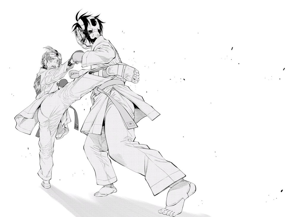 A dramatic two-page image of a karate fight happening. One girl appears to be landing a kick on the other.