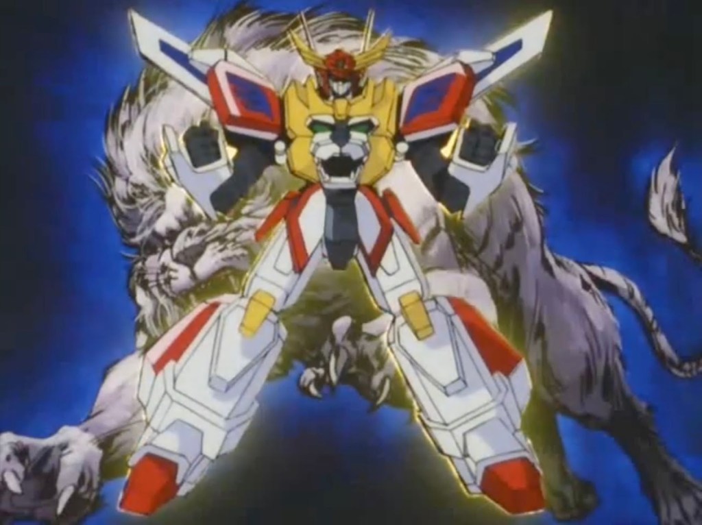 An anime screenshot of King Exkiser posing with with elbows bent and fists forward as if ready to fight. A realistic picture of a lion is behind him. He has the same lion's chest as the toy, but his design is sharper and with longer limbs.