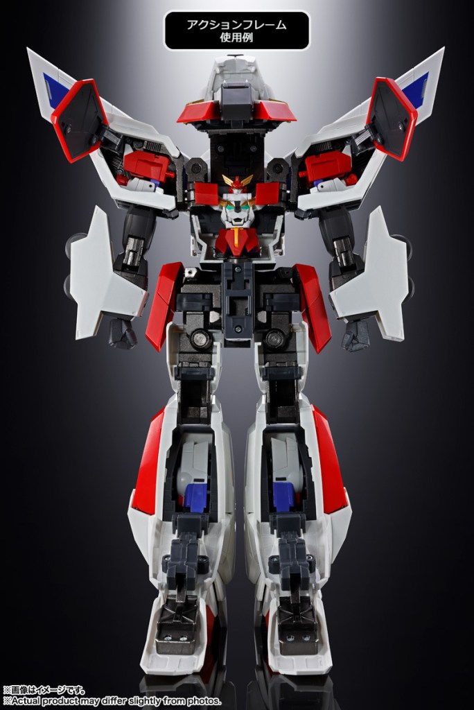 An image of Soul of Chogokin Exkizer placed inside of King Roder, but using the action frame instead of the Form Up frame. Exkizer's limbs get in the way of greater mobility in the shoulder joints and upper legs of King Exkizer, so they're stored in King Exkizer's shoulders and lower legs, respectively.