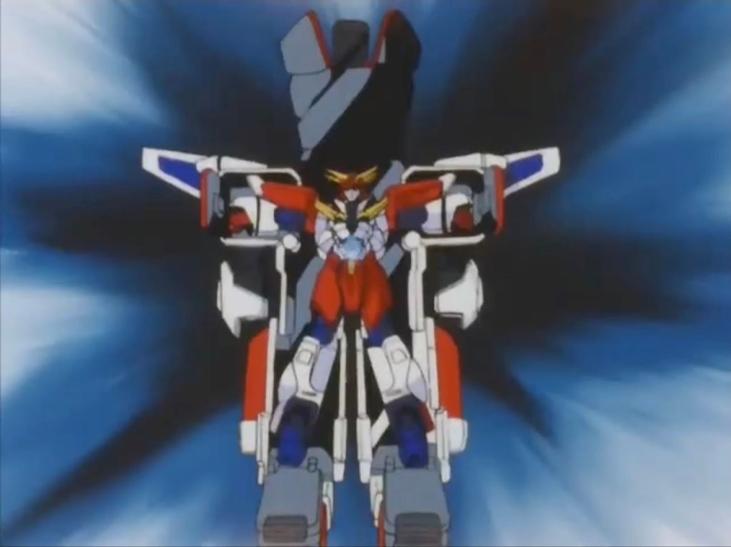 An anime screenshot of Exkizer placed inside of King Roder. While King Roder is also about 1.5x times larger than Exkizer, the actual Exkiser figure has a sleeker design and more "human" proportions.