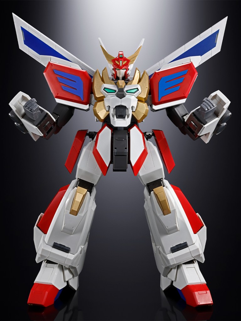 An image of Soul of Chogokin Exkizer. He is posed similar to when he finishes transforming in the anime, and his proportions are also fairly close to that anime image, but not perfect.