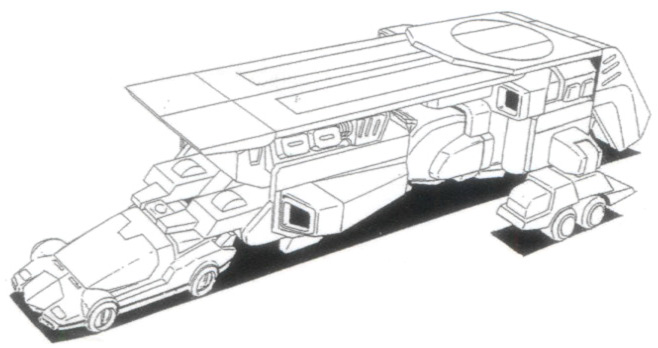 Lineart of Exkizer in car form attached to the King Roder as a large trailer. The trailer is about three times the size of the car.