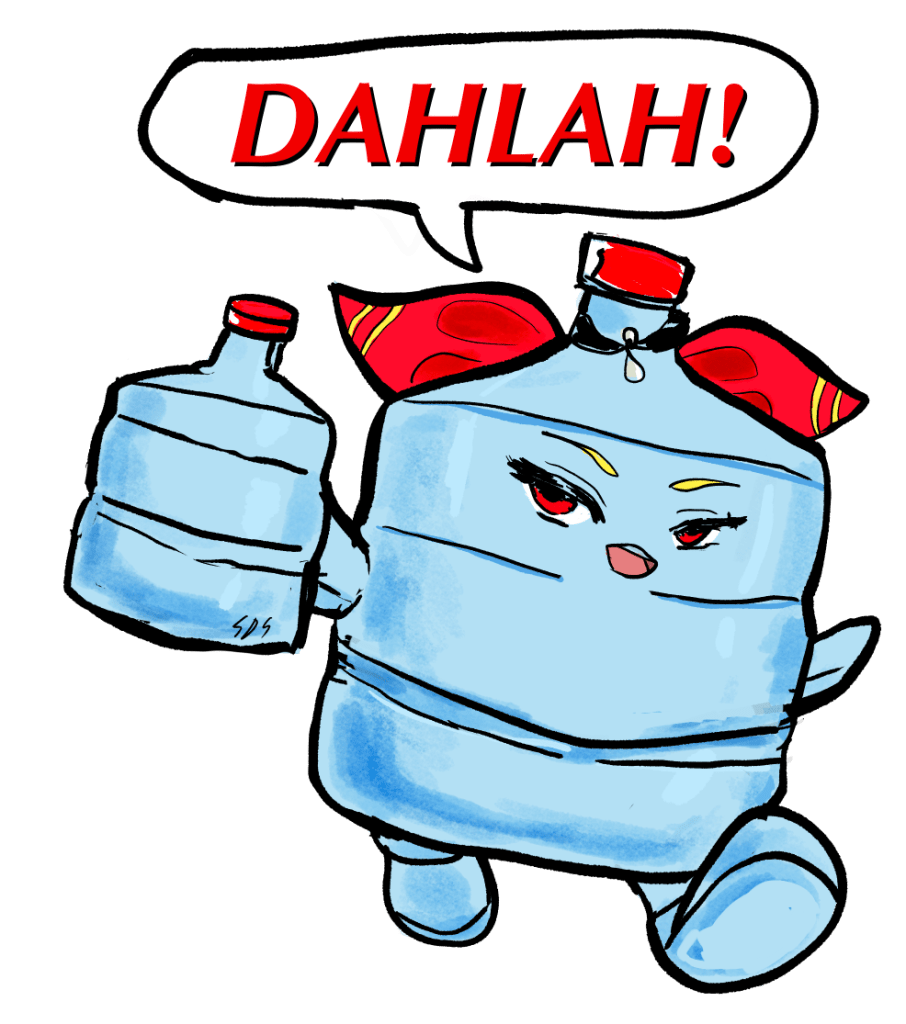Kaela Kovalskia crossed over with her water jug mascot, Gachan, and made to look like the Kool-Aid Man. Instead of saying "Oh yeah!" she's saying "Dahlah!"