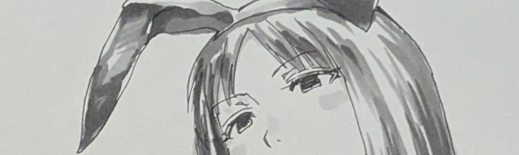 A close-up of a drawing of a woman's face from the nose up. It is the wife from Spotted Flower. She's wearing bunny ears.